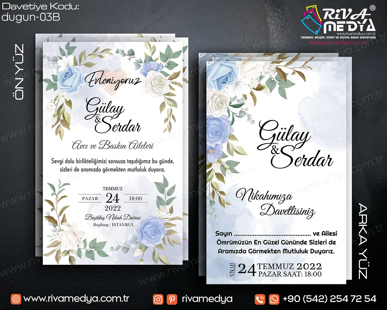 Gül Desenli Gökyüzü Mavisi Zarif Düğün – Nikah Davetiyesi Örneği