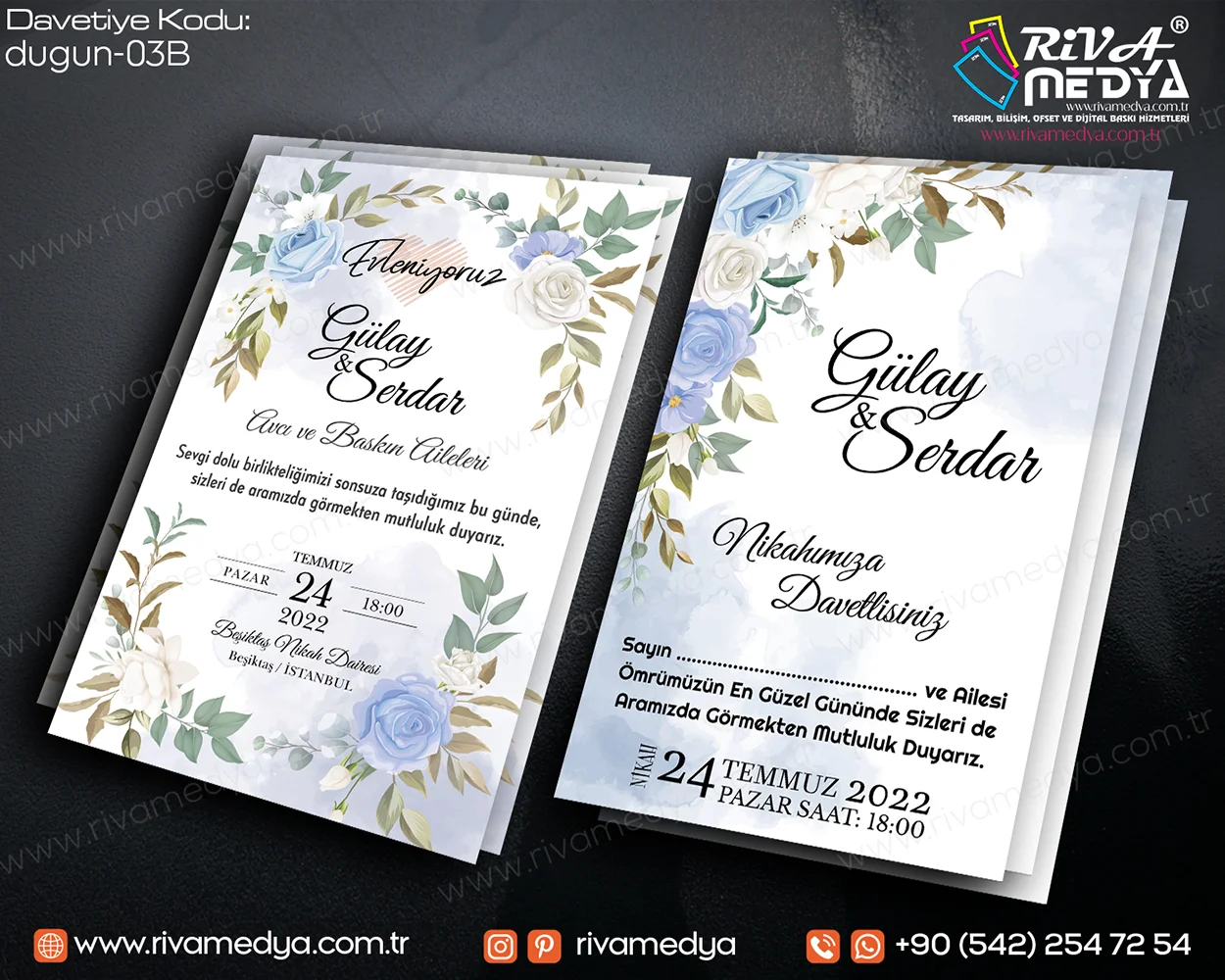 Gül Desenli Gökyüzü Mavisi Zarif Düğün – Nikah Davetiyesi Örneği