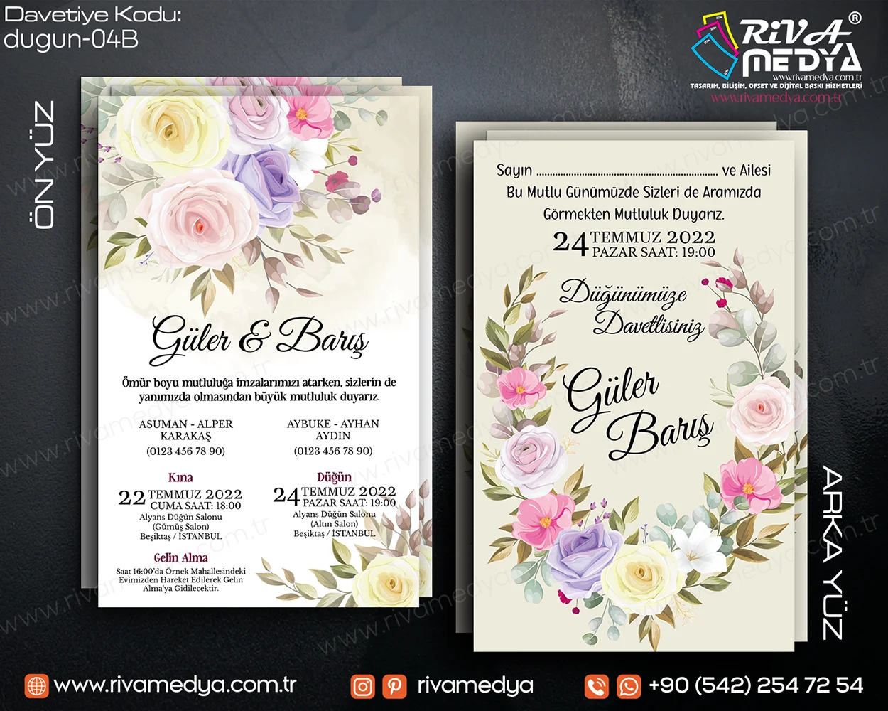 Gül Desenli Pastel Tonlarda Düğün – Nikah Davetiyesi Örneği