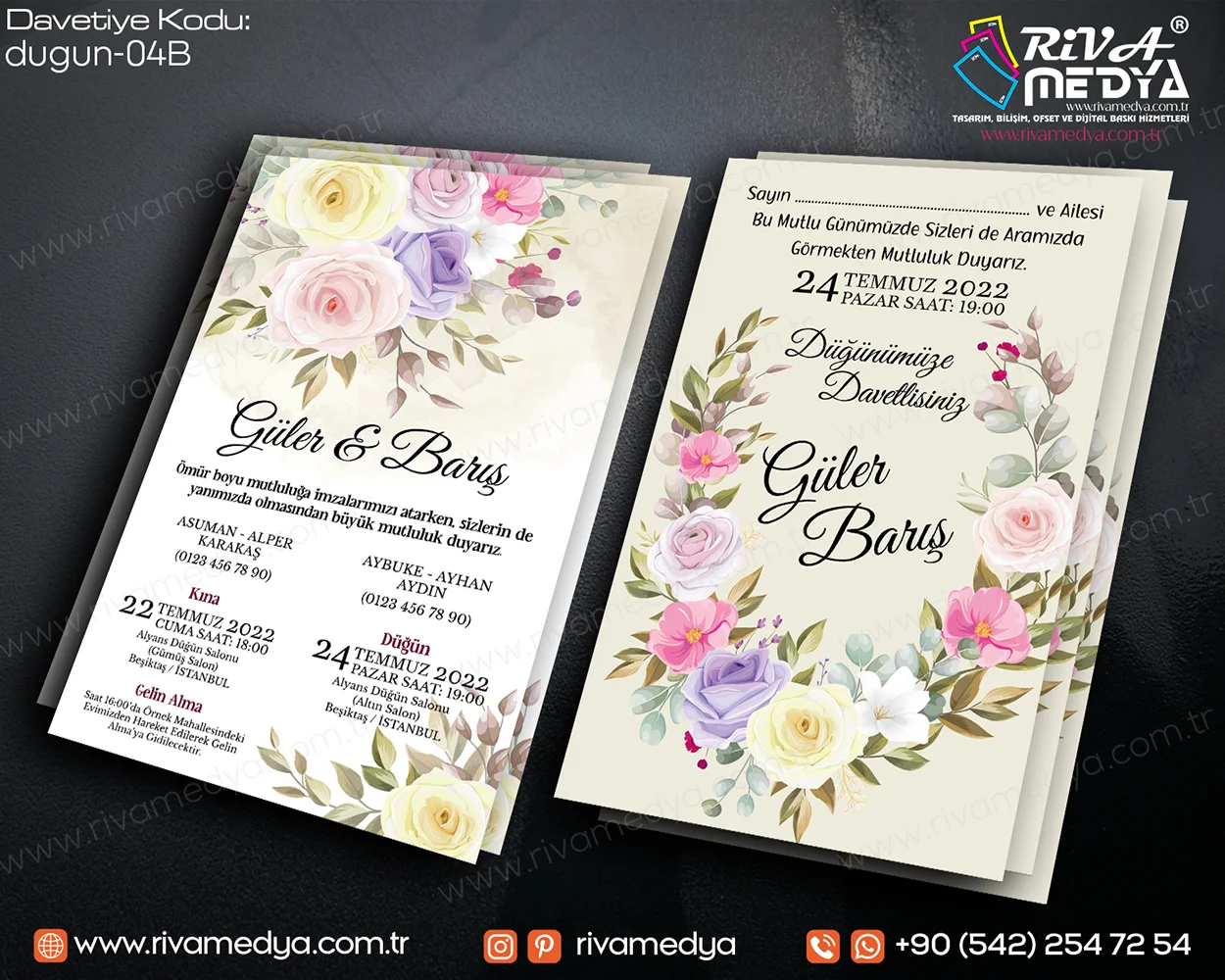 Gül Desenli Pastel Tonlarda Düğün – Nikah Davetiyesi Örneği