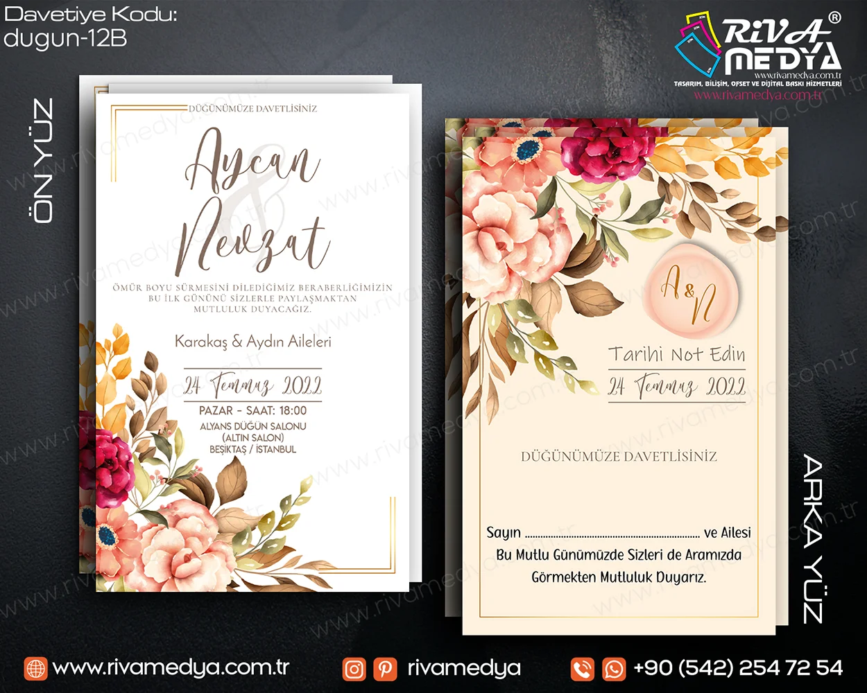 Renkli Çiçek Desenli Çerçeveli Mühürlü Düğün – Nikah Davetiyesi Örneği
