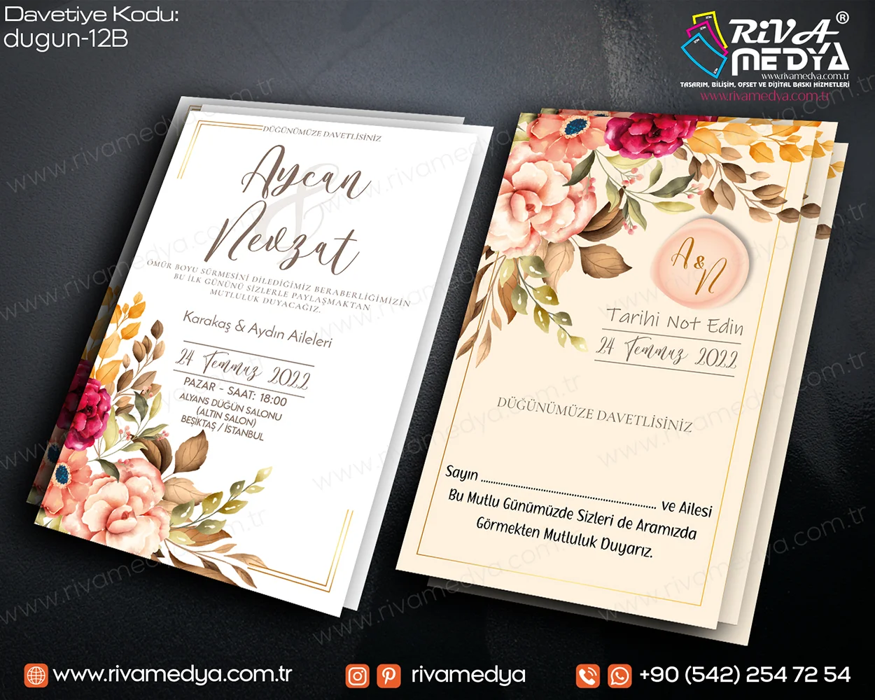 Renkli Çiçek Desenli Çerçeveli Mühürlü Düğün – Nikah Davetiyesi Örneği