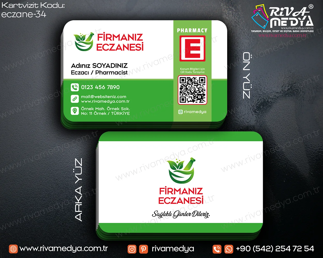 Yeşil QR Kodlu Eczane Kartvizit Örneği