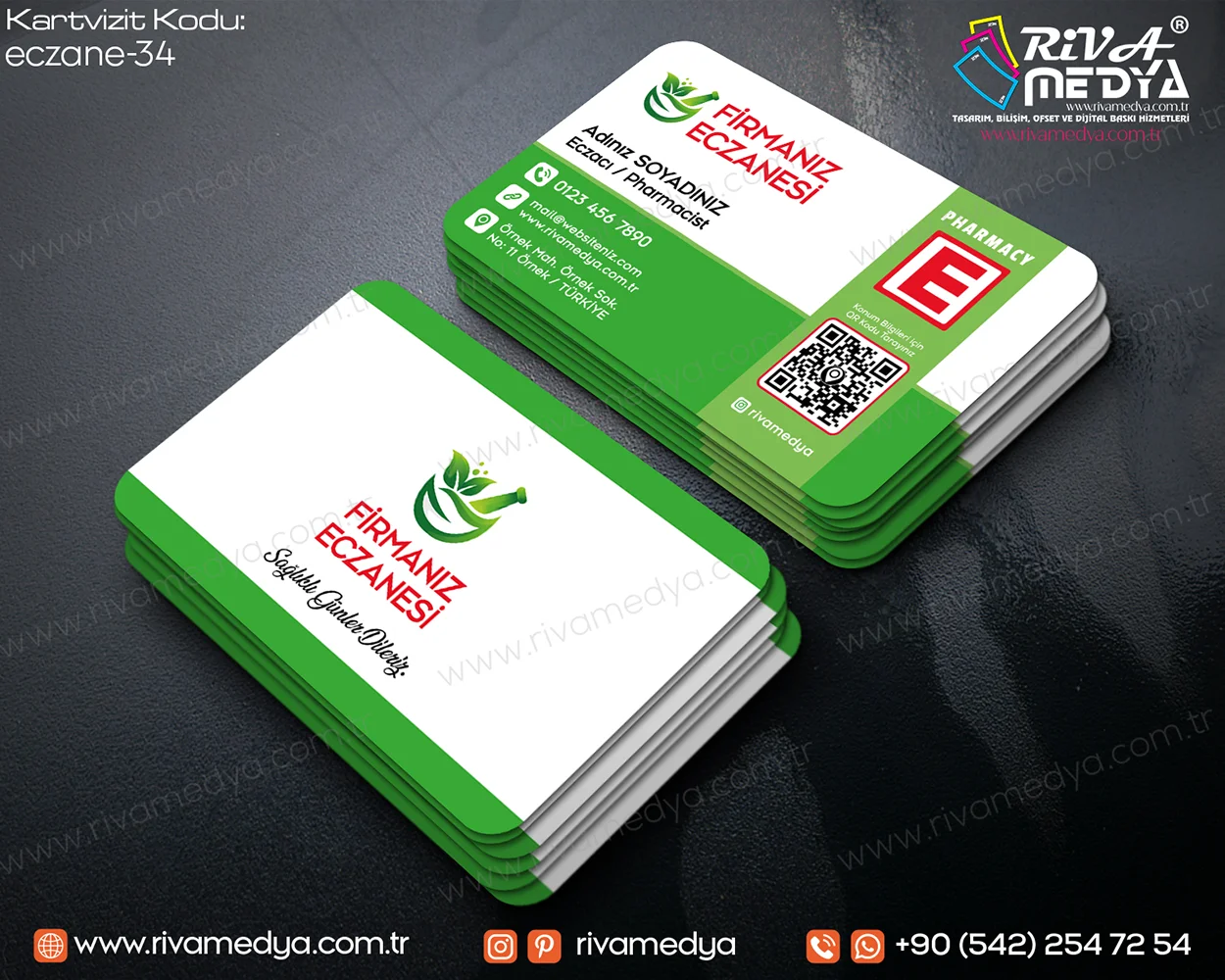 Yeşil QR Kodlu Eczane Kartvizit Örneği