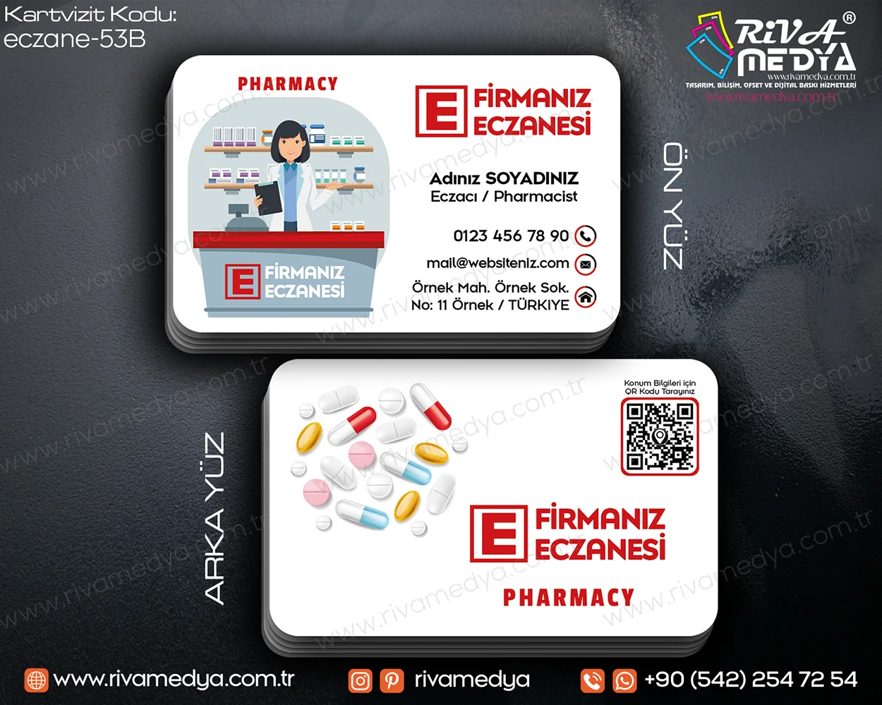 Kadın Eczacı Görselli Kırmızı Eczane Kartvizit Örneği