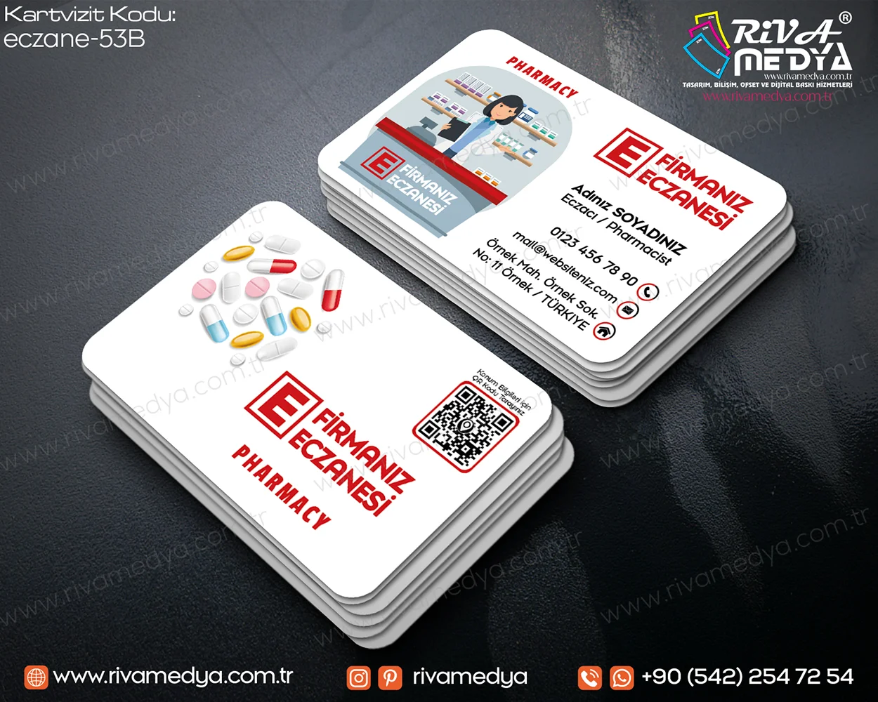 Kadın Eczacı Görselli Kırmızı Eczane Kartvizit Örneği